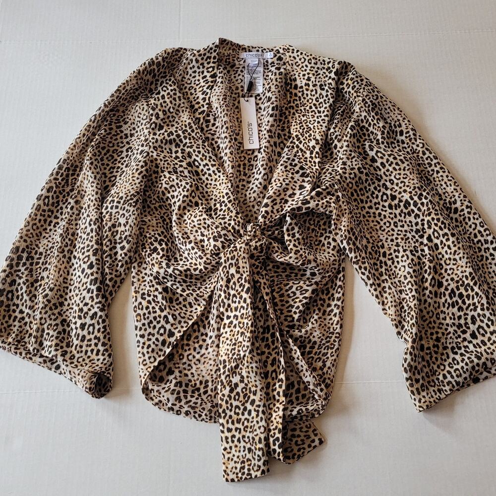 Chico's Leopard Print Tie Front Blouse Animal Print Draped Kimono Top 2 L NWT